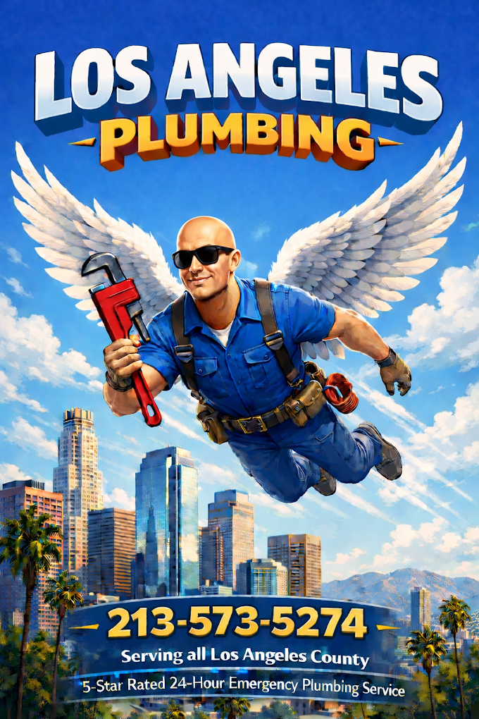 Los Angeles Plumbing - Angel plumber flying over the LA skyline, 5-star rated 24-hour emergency plumbing service